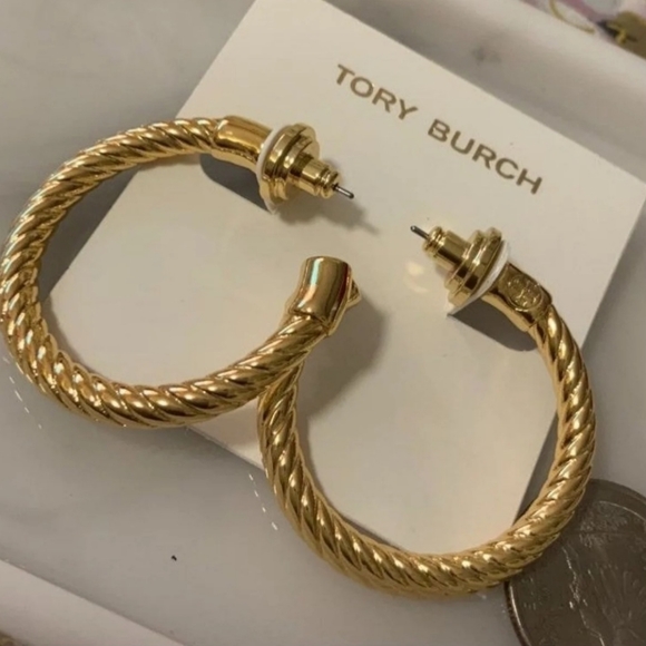 Tory Burch Jewelry - Tory Burch Gold Ribbed Hoop Earrings